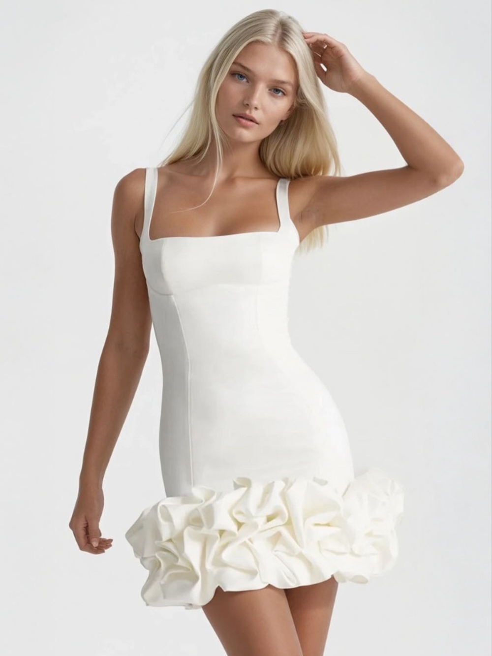 Ruched Square Neck Sleeve Mini Dress White